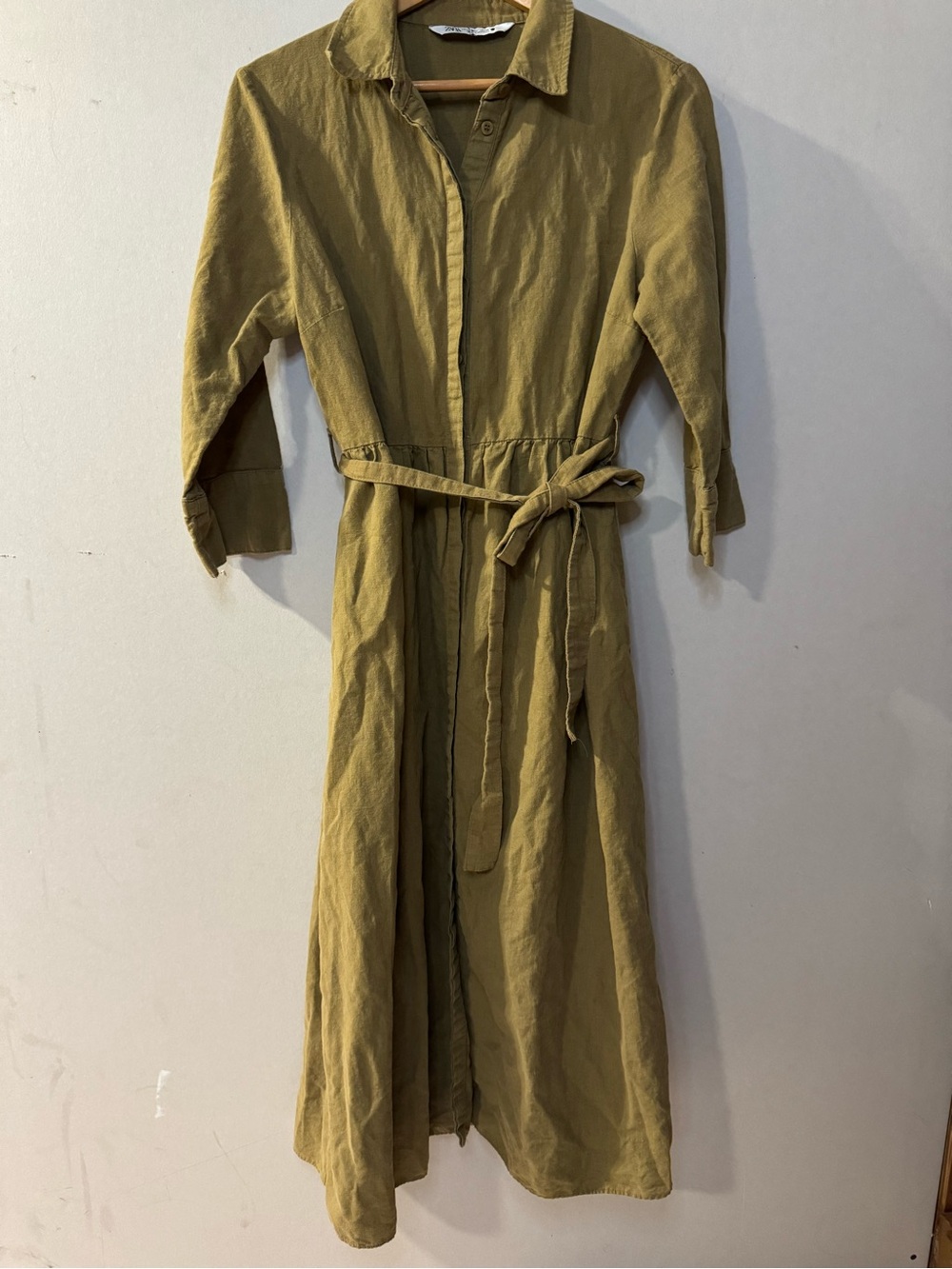 ZARA Olive Green Linen Blend Shirt Dress Belted Button Front Midi Size L